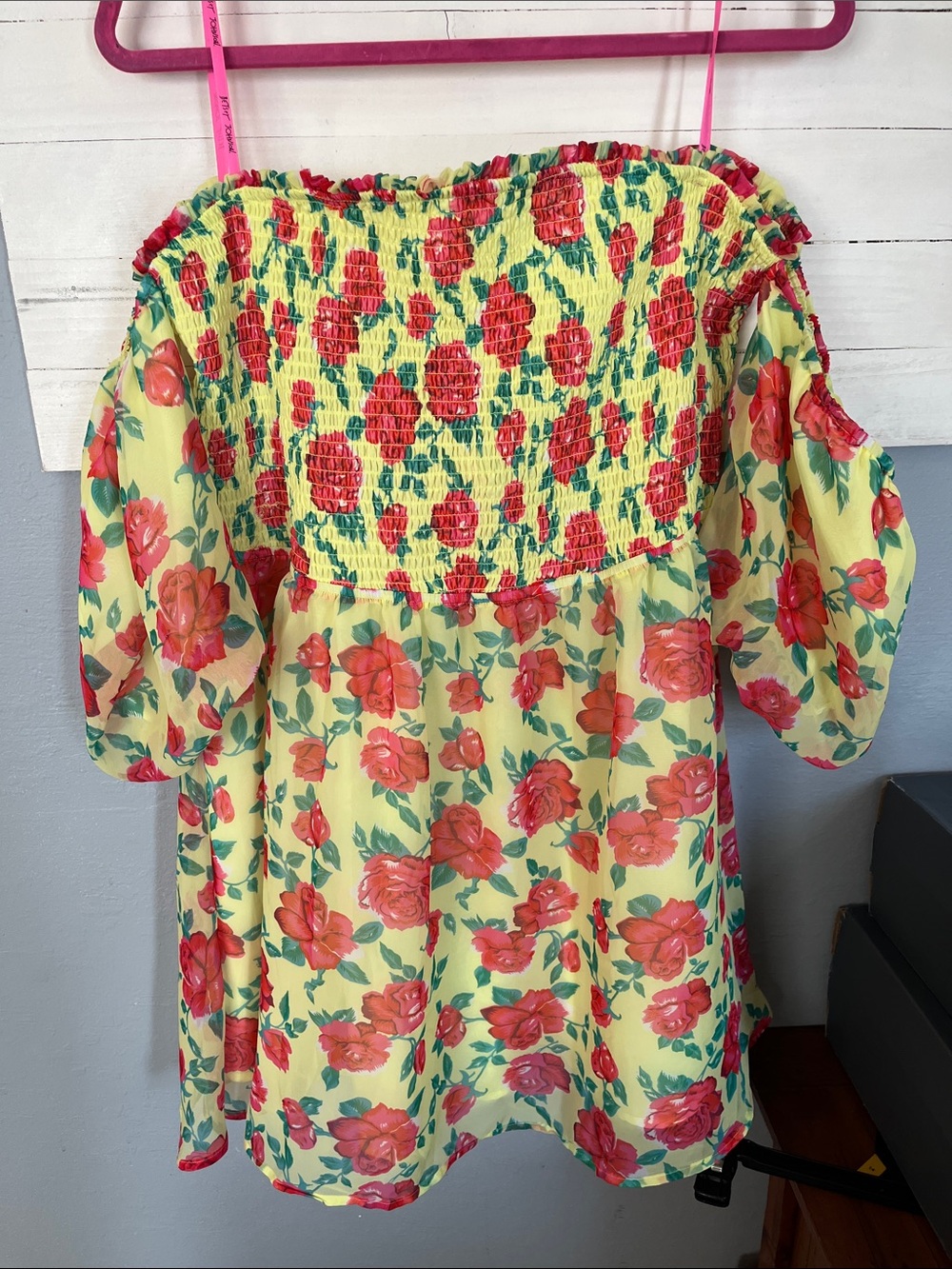 Betsey Johnson Yellow Off-Shoulder Floral Smocked Dress